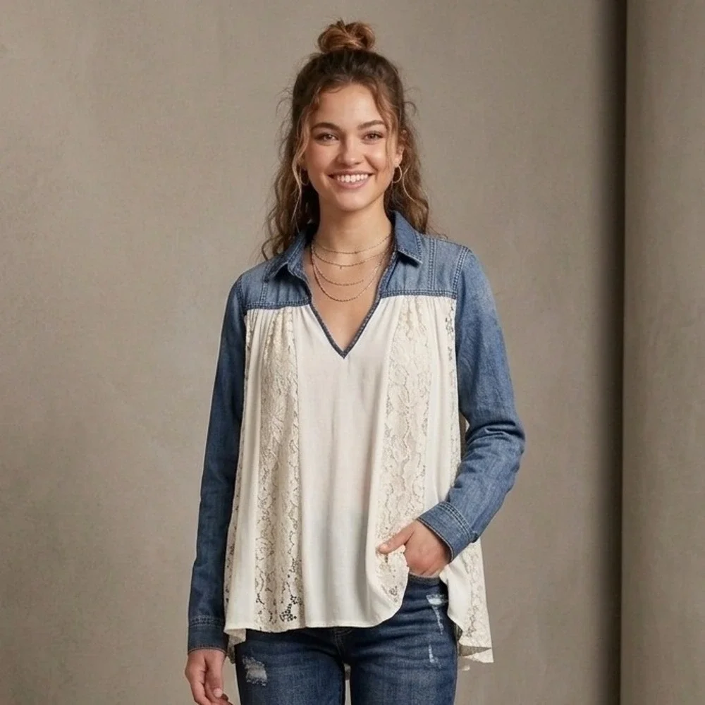 Free People Cream Lace Front Denim Contrast Top